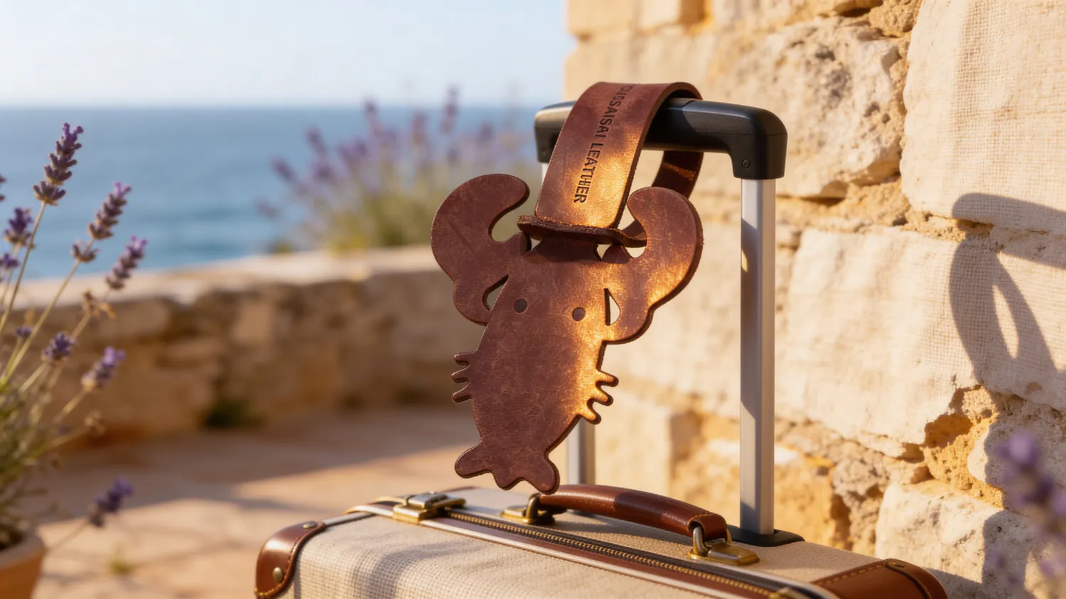 酒紅色植鞣皮革龍蝦行李吊牌特寫,掛於行李箱拉桿,薰衣草石牆背景