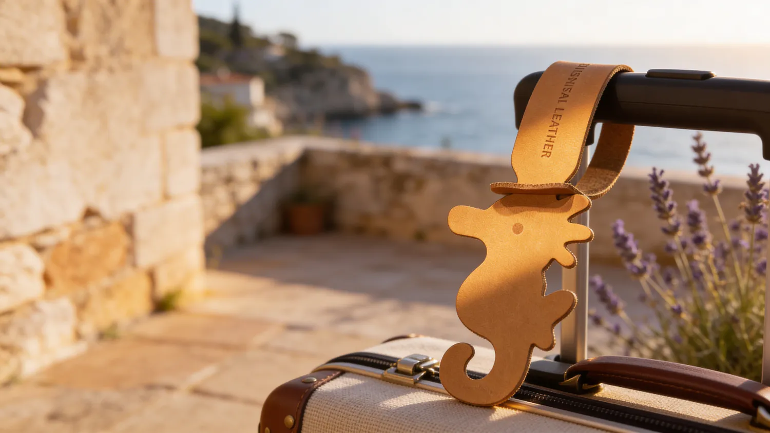 黃色植鞣皮革海馬行李吊牌,掛於行李箱把手,夕陽側光石牆場景