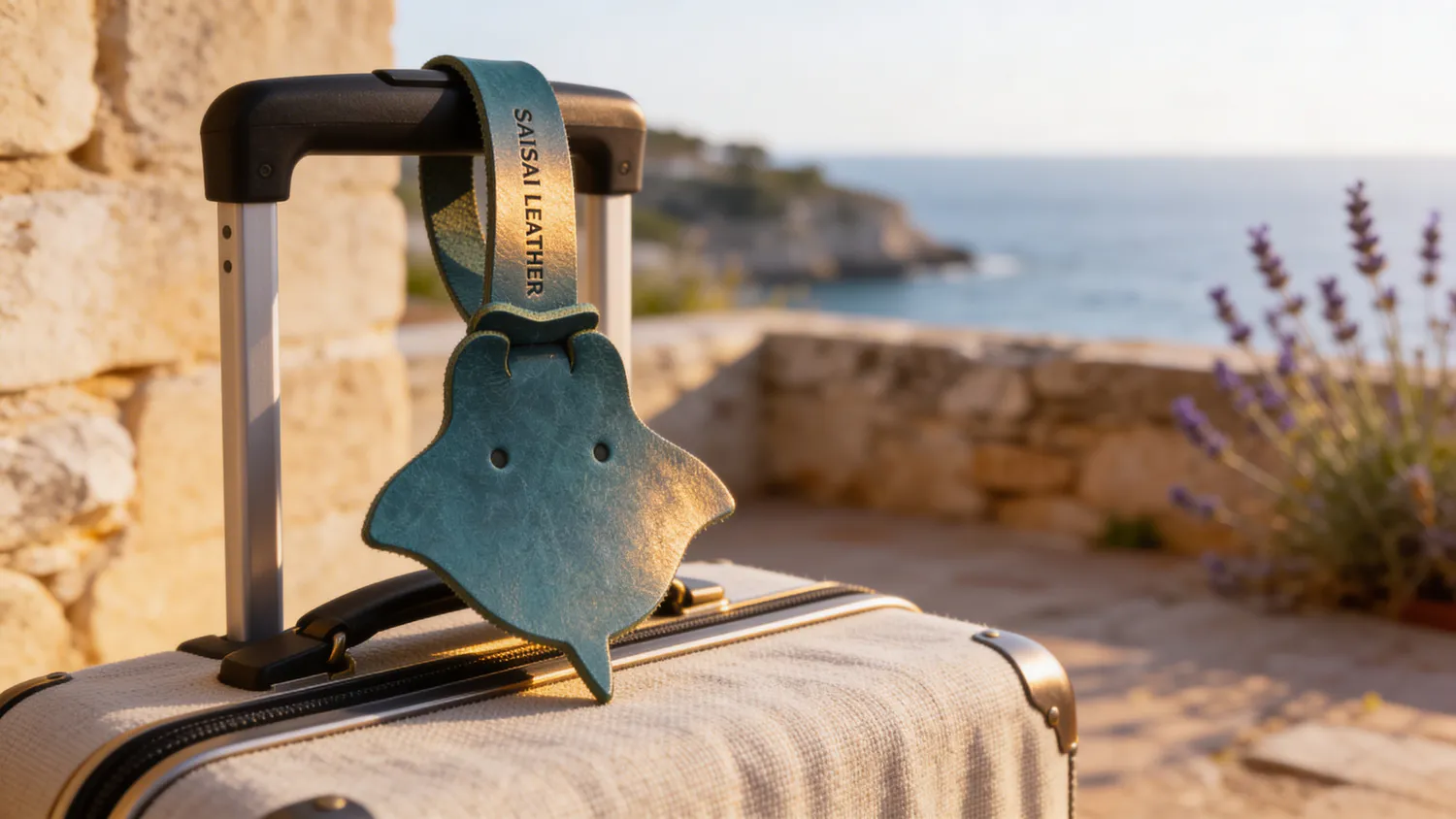 藍綠色植鞣皮革魟魚行李吊牌特寫,掛於行李箱拉桿,地中海石牆薰衣草背景