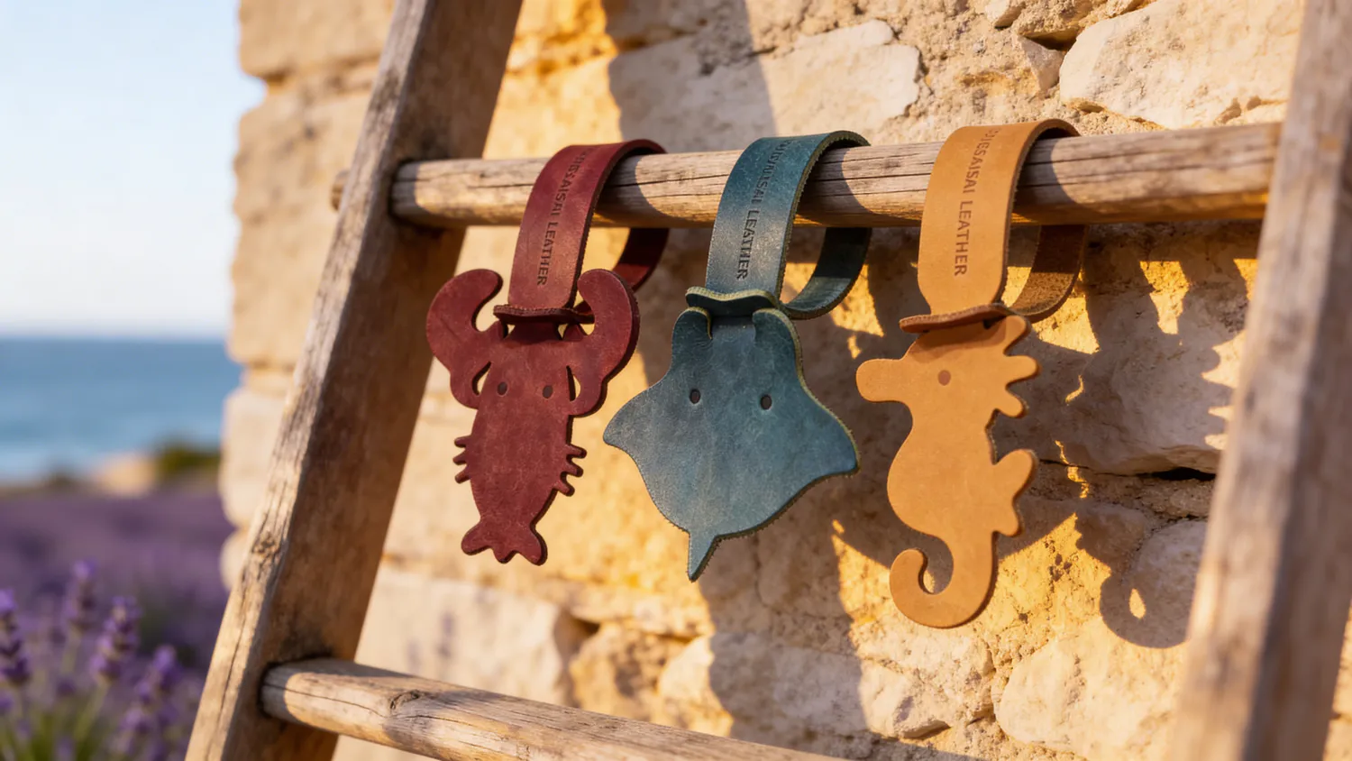 酒紅色龍蝦、水藍色魟魚、黃色海馬三款植鞣皮革行李吊牌,並排掛於木梯橫桿,石牆薰衣草海景背景