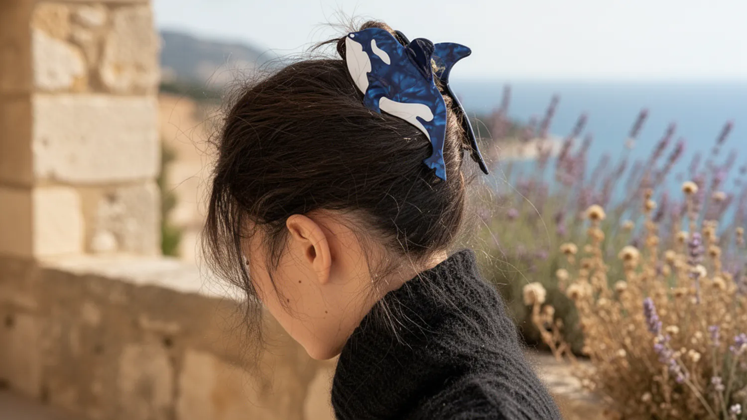 深藍白虎鯨圖案髮圈束於女生髮髻，背面人像，石牆薰衣草與地中海海景背景