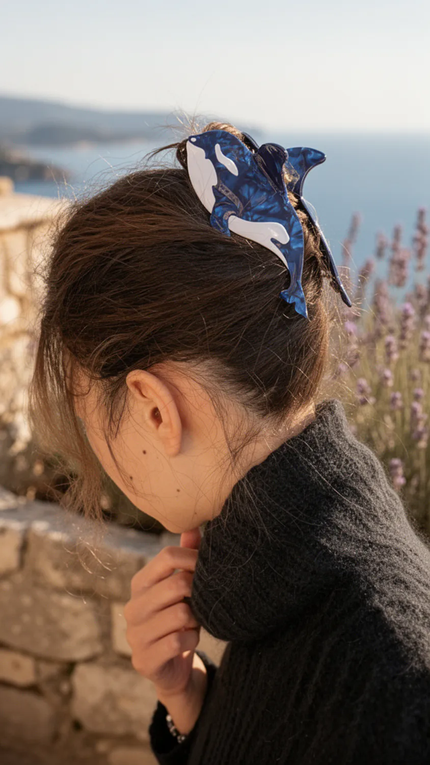 深藍白虎鯨造型髮夾夾於女生丸子頭，側後方人像低頭，薰衣草海景石牆背景