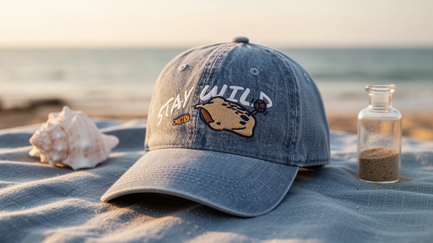水洗藍牛仔棒球帽,帽面刺繡魟魚與「STAY WILD」字樣,置於藍色亞麻布巾上,貝殼與沙瓶點綴,夕陽海景背景