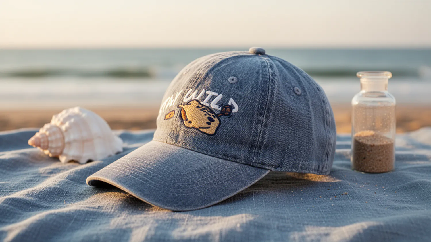 水洗藍牛仔棒球帽側面平放,帽面刺繡魟魚與「STAY WILD」字樣,置於藍色亞麻布巾上,貝殼與沙瓶點綴,夕陽海景背景