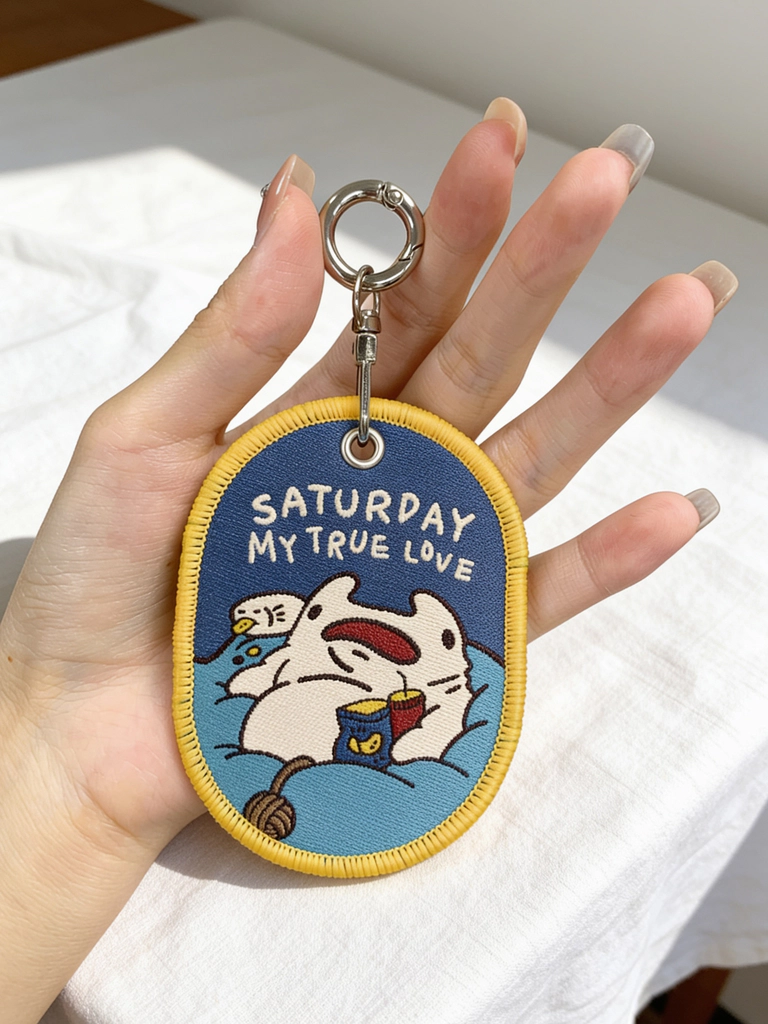 手持深藍色織布吊飾，黃色邊框，圖案為白色卡通角色與「SATURDAY MY TRUE LOVE」文字，金屬掛環